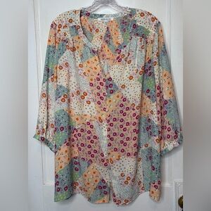Rose + Olive Women’s 1X Multicolor Patchwork Floral Print Faux Button Front Top